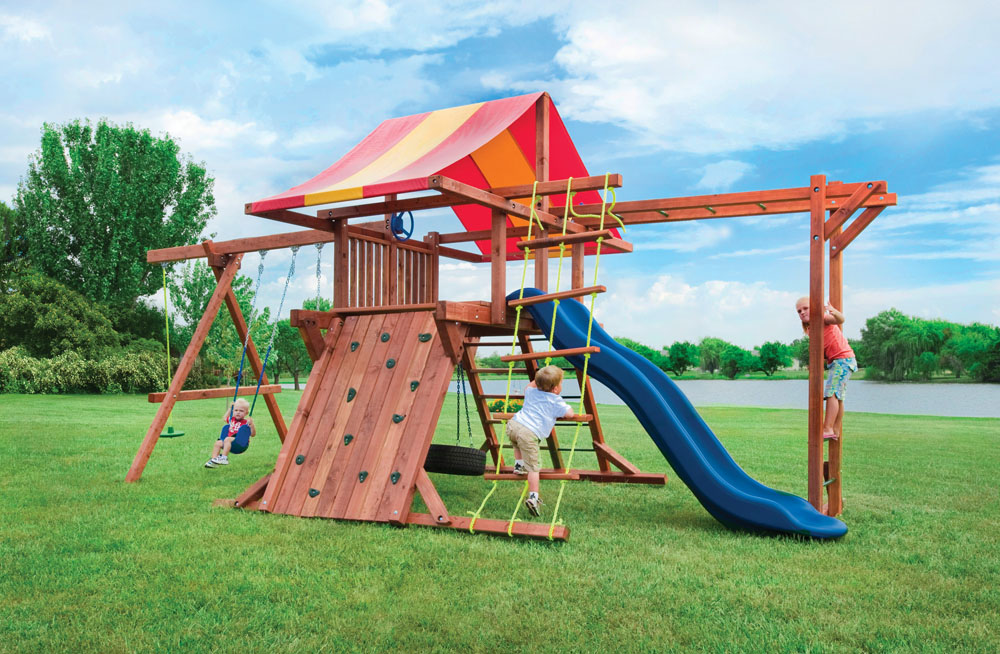 Swing sets with monkey bars top